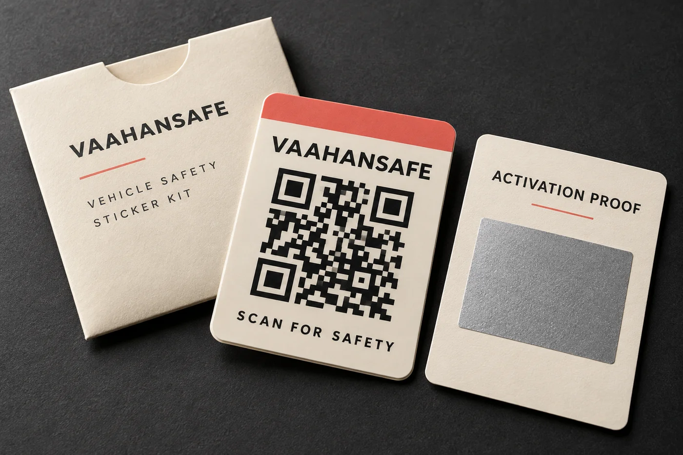 Illustrative VaahanSafe sticker kit with its separate covered activation card